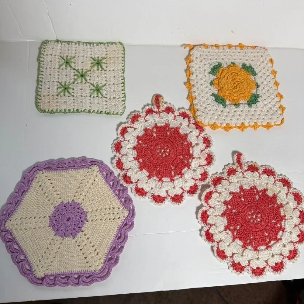 Vintage Handmade Crocheted Potholders Trivets Lot of 9 Floral Retro Kitchen Deco